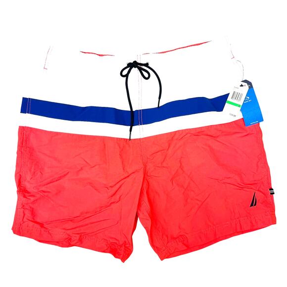Nautica 8" Men's Swim Shorts Trunks Blue Pink White Large NWT - Picture 2 of 5